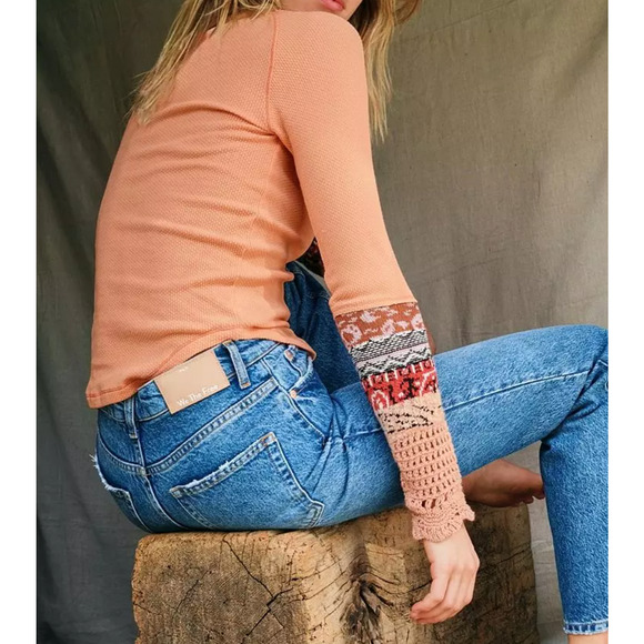 Free People Orange waffle knit sweater Knit cuff thermal - Picture 2 of 3